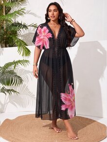 Swim Vcay Plus Size Women's One Piece Side Slit Lace Patchwork Sexy Casual Vacation Beach Dress - Black - View 3