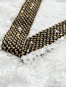 Maweii Contrast Black & Gold Striped V-Neck Cinched Waist Lace Batwing Sleeve Blouse Fall - White - View 7