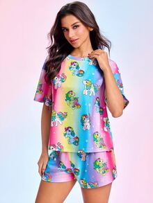 My Little Pony X SHEIN Women's Unicorn Print Short Sleeve Top & Shorts Pajama Set - Multicolor - View 3