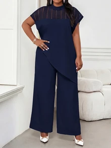 SHEIN Lady Plus Size Women High Neck Short Sleeve Top Office Semi Formal Party Semi Formal Navy Blue Spring Elegant - Navy Blue - View 7