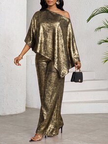 SHEIN Lady Women's Solid Color Asymmetrical Shoulder Top And Pants Casual Daily 2 Pieces Set - Gold - View 6