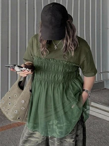 Dazy Plus Solid Color Contrast Mesh Doll Blouse Cute Pullover Short Sleeve T-Shirt Spring Summer Autumn - Green - View 6