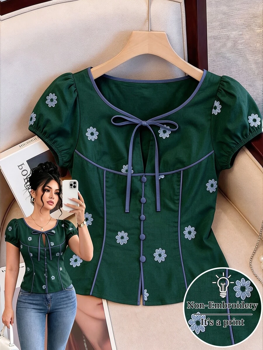 SHEIN Clasi Blus Wanita Ukuran Besar Leher Bulat Bermotif untuk Aktivitas Santai - Hijau - View 1