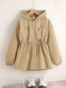 SHEIN 少女款寬鬆休閒連帽極簡純色收腰長袖百搭風衣 - 杏色 - 查看 5