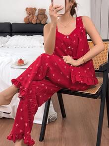 Napfluff Red Striped Bow Strap Sleeveless Ruffle Cute Women's Pajama Set - Burgundy - View 1