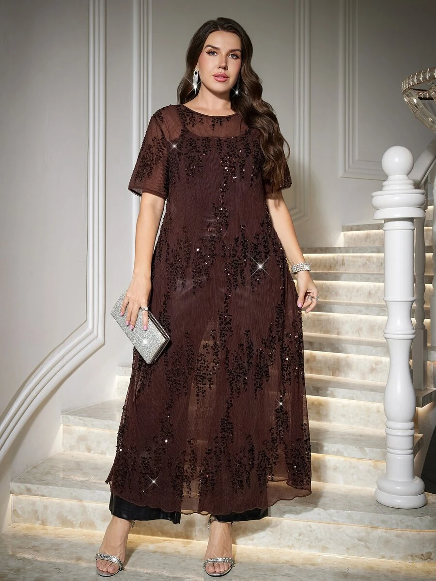 Reflora Plus Size Women's Solid Color Round Neck Short Sleeve Sequin Elegant Dress - Brown - View 1