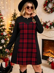 EMERY ROSE Plus Size Women Minimalist Retro Commute Style Textured Patchwork Ant Fabric Dress, Suitable For Christmas Outfit, Daily Commute, Casual Shopping, Light Party Wear - Black - View 6