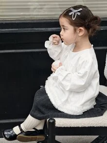 DAZY Infant/Toddler (Girl) Round Neck Long Sleeve Solid Color Spring/Autumn Korean Style Top - White - View 7