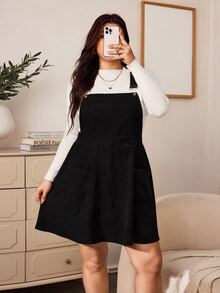 Enliva Plus-Size Women's Black Corduroy A-Line Dress With Pockets Apple,Rounded Body - Black - View 1