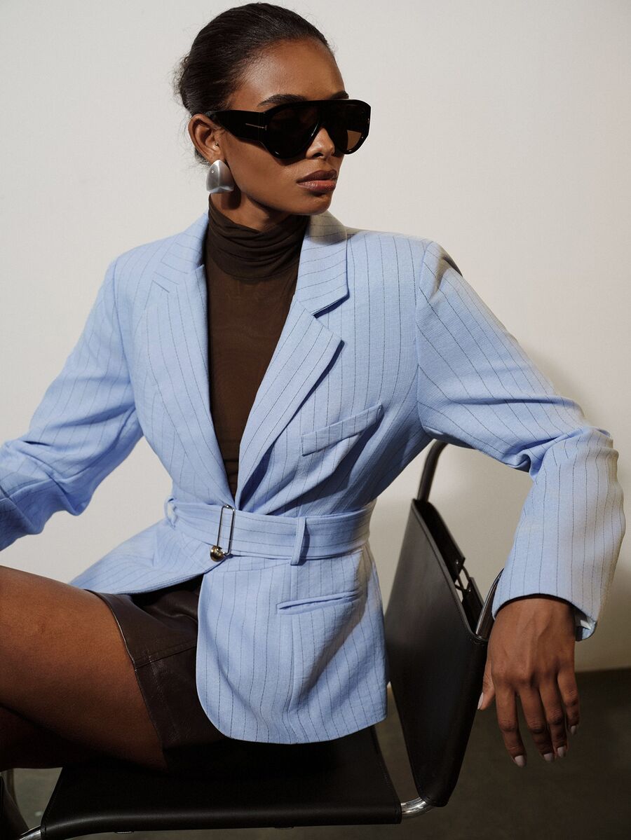 Aveloria Modichic Women's Striped Pattern Long Sleeve Lapel Belt Curved Hem Blazer - Multicolor - View 1