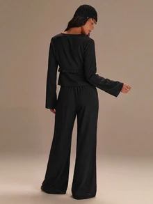 Athîral Women's Tie-Front Ruffle Long Sleeve Top & Solid Color Pants Two Pieces Set - Black - View 2