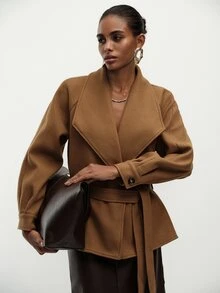 Aveloria Modichic Women Overcoat Oversized Wrap Woolen Wide Lapel Belted Raglan Lantern Sleeve Elegant Camel Solid Camel Coat Office Outfit Minimalist Thanksgiving - Brown - View 5