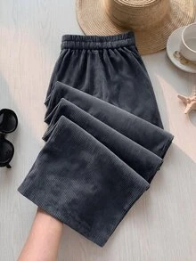 Rusticease Plus Size Women Button Pleated Design Pocket Loose Long Pants Winter - Grey - View 2