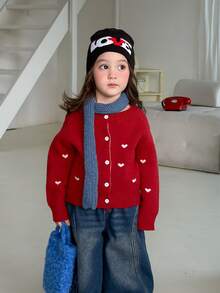 DAZY Infant/Toddler (Girl) Heart Pattern Long Sleeve Cardigan, Korean Style, Autumn/Winter - Red - View 7