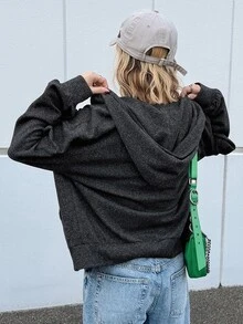 FRIFUL Women's Letter Graphic Drop Shoulder Long Sleeve Zip-Up Hooded T-Shirt Graphic Tees - Grey - View 3