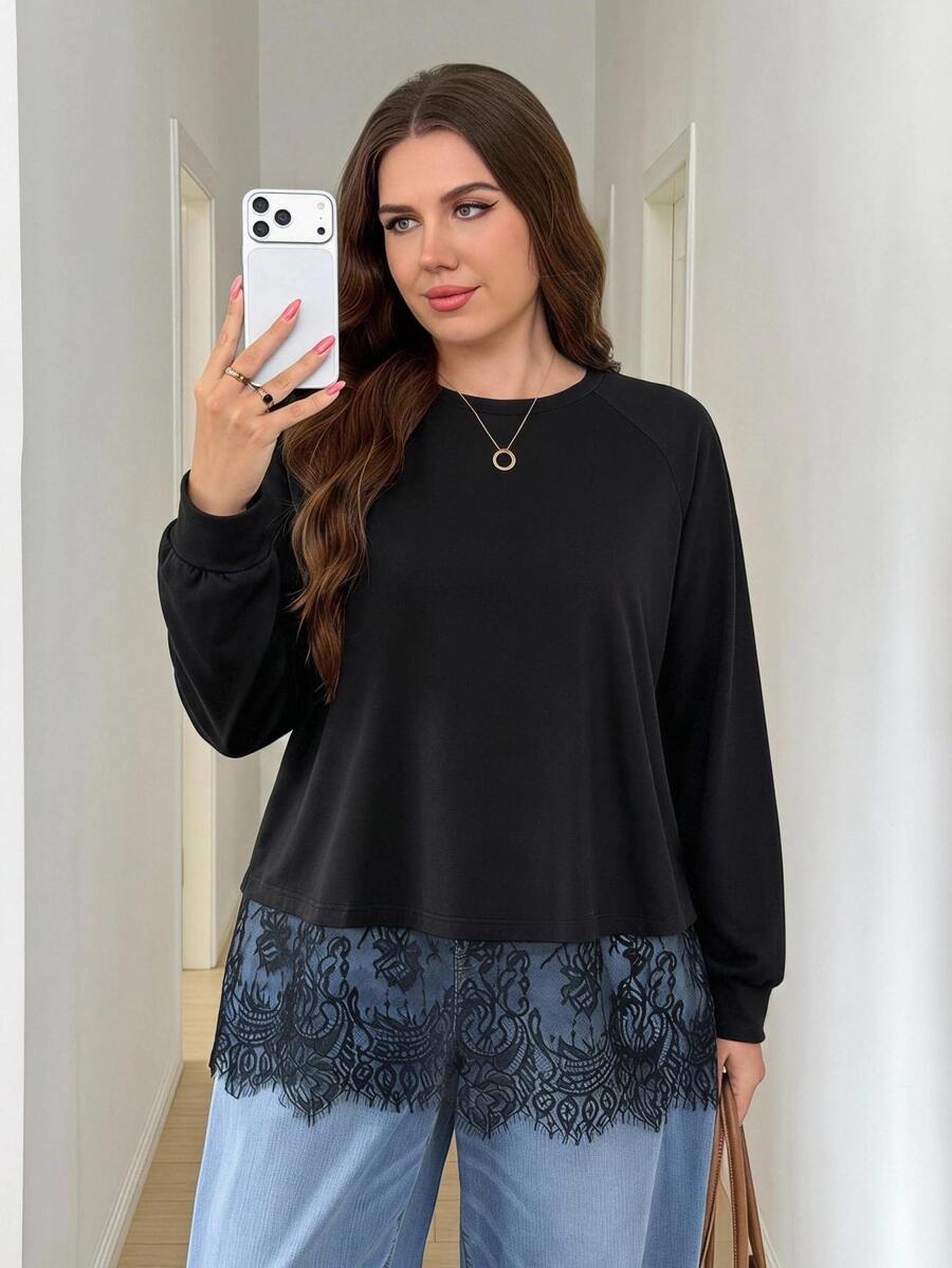 Easowa Curve Plus Size Fashion Versatile Lace Patchwork Long Sleeve Knit T-Shirt