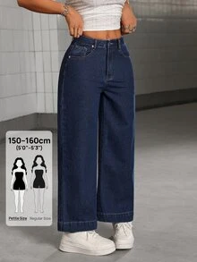 SHEIN PETITE 女款時尚街頭風鈕扣口袋寬鬆牛仔長褲 - 藍色 - 查看 7