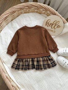 SHEIN Kids Kids Kids Newborn Cartoon Bear Pattern Patchwork Plaid Long Sleeve Autumn Winter Dress Baby - Brown - View 2