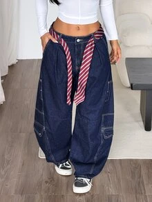 Muchica Celana Jeans Denim Wanita dengan Kantong Kargo, Potongan Lebar, dan Potongan Melengkung. - Biru - View 4