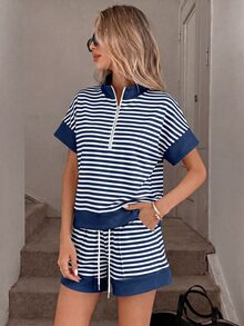 SHEIN LUNE 女款休閒端莊沿海風夏季度假通勤沙灘穿搭 藍白條紋短袖上衣與短褲 2件套 - 藏蓝色 - 查看 4