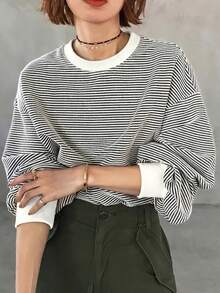 FRIFUL 女款圓領長袖條紋休閒法式T恤，黑白條紋，適合早午餐與秋季穿著 - 白色 - 查看 3