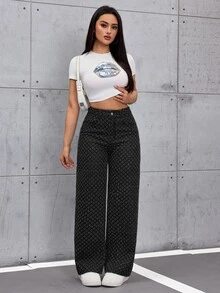 SHEIN ICON 女款 Old Money 風格無彈力休閒直筒寬腿牛仔褲 - 黑色 - 查看 7