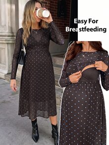 SHEIN 波點印花長袖圓領高腰休閒孕婦洋裝 秋季 - 咖啡棕 - 查看 1