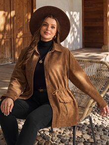 EMERY ROSE Plus Drawstring Waist Button Front Coat - Brown - View 5