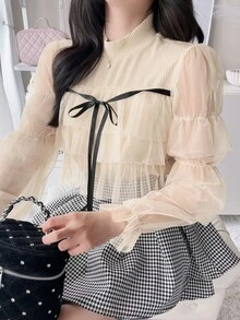 FRIFUL Women's Front Tie Patchwork Multi-Layer Mesh Ruffle Long Sleeve Top - Apricot - View 4