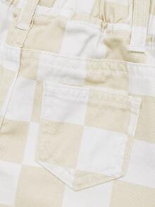 Elladie kids Denimly 嬰兒與幼兒休閒戶外學院風時尚百搭牛仔長褲，彈性腰帶、格紋圖案、水洗牛仔，秋冬款 - 杏色 - 查看 4
