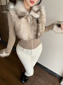 DAZY Autumn/Winter Beige Camel Faux Fur Patchwork Slim Fit Cinched Waist Sweet Date Wedding Party Women's Jacket - Khaki - View 5