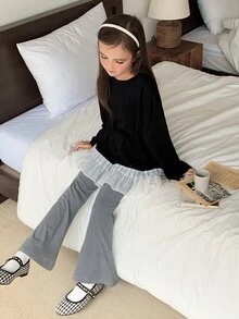 Dazy Kids Tween Girl) Black T-Shirt & Flared Pants Casual Cute Autumn/Winter 2 Pieces Set - Black - View 6