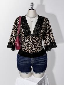 SHEIN ICON Women's Plus Size Leopard Print Contrast Lace V-Neck Fitted Top - Brown - View 1