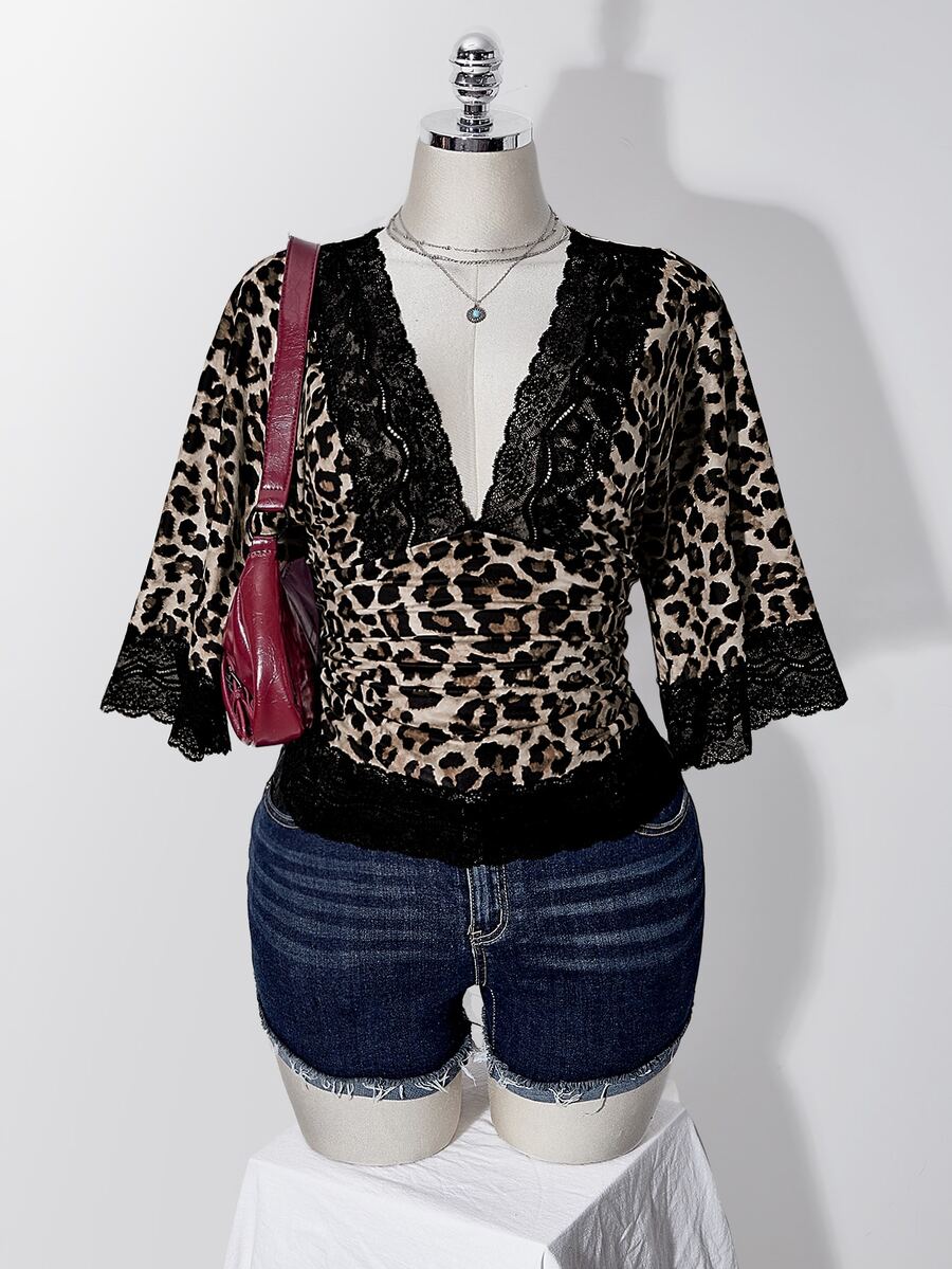 SHEIN ICON Women's Plus Size Leopard Print Contrast Lace V-Neck Fitted Top - Brown - View 1