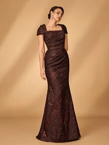 Serin Gaun Pengantin dan Ibu Warna Kopi Elegan Mewah Bahu Terbuka Pas Badan dengan Kelim Mermaid Cocok untuk Semua Acara Formal - Coffee Brown - View 5
