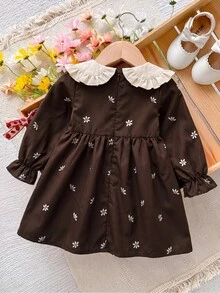 Baby Girl Peter Pan Collar Daisy Pattern Long Sleeve Cute Dress - Multicolor - View 2