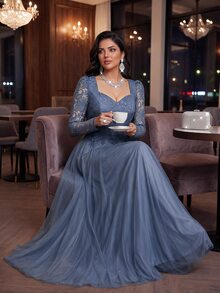 Auveirra Plus Size Women's Contrast Lace Sweetheart Neck Long Sleeve Mesh Hem Elegant Dress - Blue - View 7