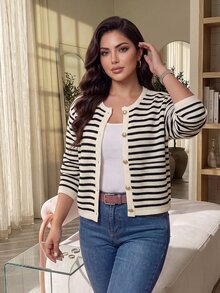 Dripcurv Plus Size Women's Striped Long Sleeve Single-Breasted Casual Knit Cardigan - Black and White - View 4