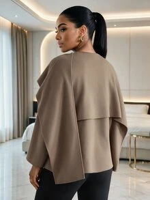 SHEIN Lady Plus Size Women's Solid Color Casual Versatile Daily Overcoat Winter - Brown - View 5