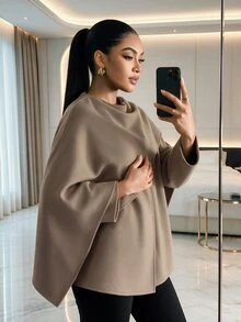 SHEIN Lady Plus Size Women's Solid Color Casual Versatile Daily Overcoat Winter - Brown - View 7