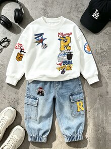 2件組小男孩圓領運動衫與工裝褲套裝，圖案印花上衣套裝，街頭風，適合假日派對，舒適休閒，春夏秋季穿著，柔軟舒適，男嬰首選，時尚休閒穿著，街頭服飾，外出穿搭 - 彩色 - 查看 3