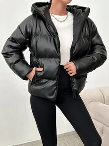SHEIN Solid Color Zip Up Padded PU Coat - Black - View 5
