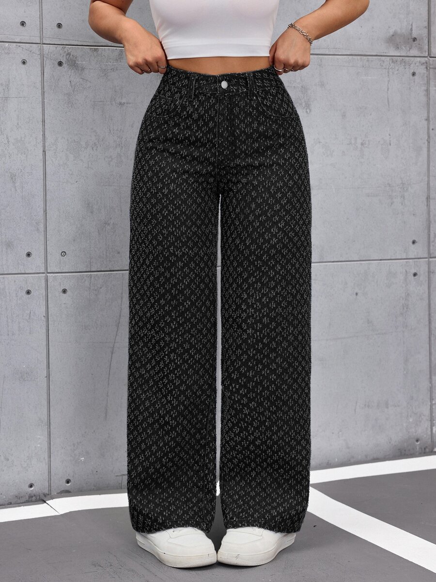 SHEIN ICON Women's Old Money Style Non-Stretch Casual Streetwear Straight Leg Wide Leg Jeans Everyday Traveling Dark Grey Fall - Black - View 1
