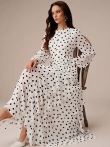 BELROSIE European And American Style Autumn/Winter New Fashion Versatile Chiffon Polka Dot Watermark Multi-Layer Ruffle Hem 3D Floral Decor Women's Dress - Multicolor - View 1