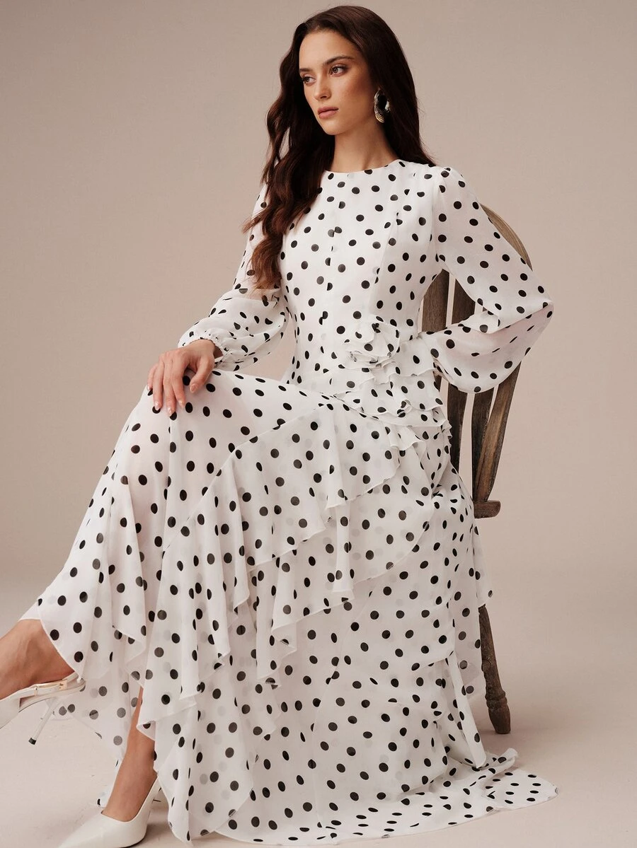 BELROSIE European And American Style Autumn/Winter New Fashion Versatile Chiffon Polka Dot Watermark Multi-Layer Ruffle Hem 3D Floral Decor Women's Dress - Multicolor - View 1