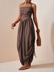 Zivah Women's Halter Neck Backless Tie Back Wide Leg Drawstring Jumpsuit - Coffee Brown - View 14
