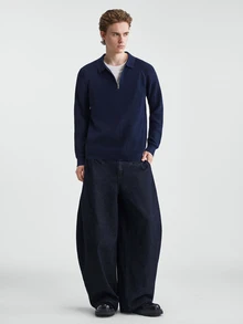 Marvello Homme 男士藍色秋季休閒基礎款商務休閒辦公室純色極簡拉鍊開襟長袖羊絨針織波羅領毛衣 - 彩色 - 查看 5