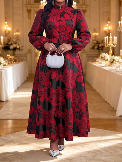 Fleurora Vestido Elegante com Estampa Floral e Botões Plus Size Outono