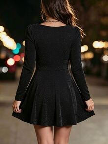 Velvienne Plus Size Women's Patchwork Sequin Trim Square Neck Long Sleeve Shiny Elegant Dress - Black - View 2