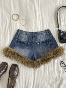 Amplova Women's Casual Daily Denim Shorts With Pocket, Button And Plush Patchwork - Dark Wash - View 2
